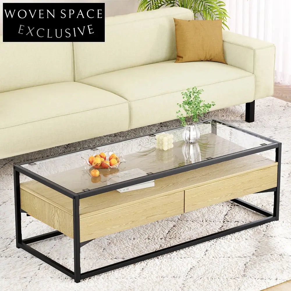 Artiss Coffee Table 2 Drawers Glass Tabletop Pine Coffee Tables