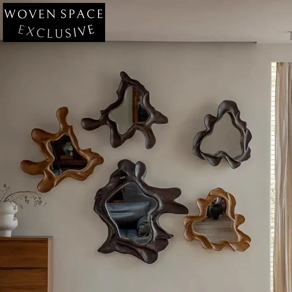 Artistic Teak Wood Framed Irregular Star Wall Mounted Decorative Home Mirror