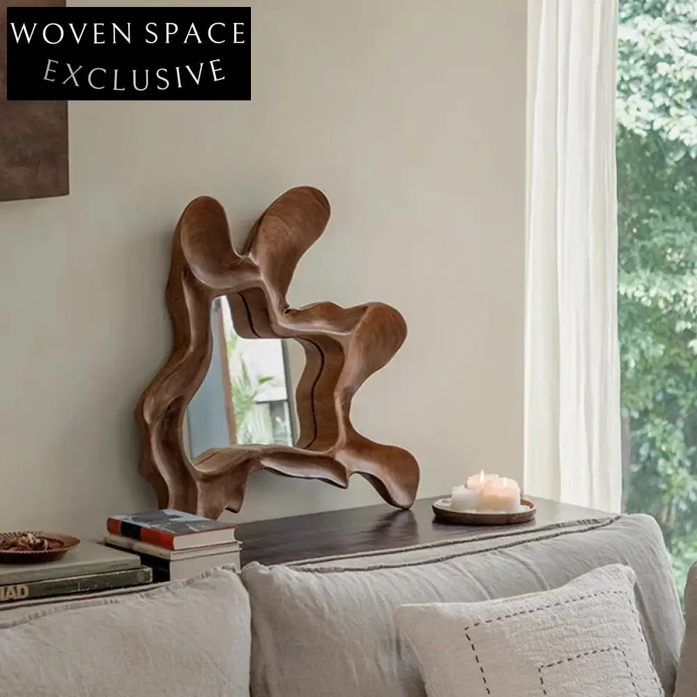 Artistic Teak Wood Framed Irregular Star Wall Mounted Decorative Home Mirror