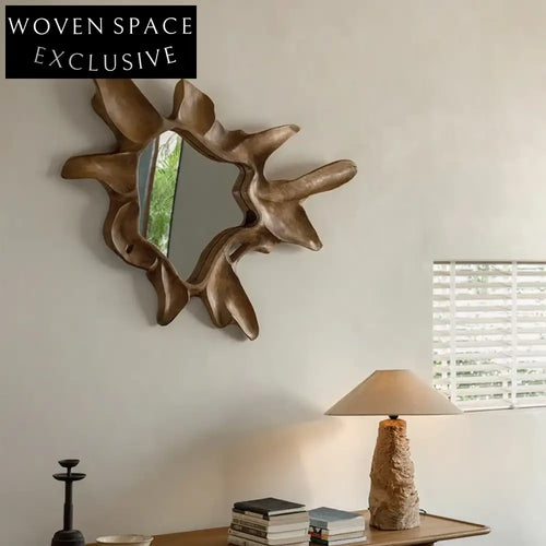 Artistic Teak Wood Framed Irregular Star Wall Mounted Decorative Home Mirror