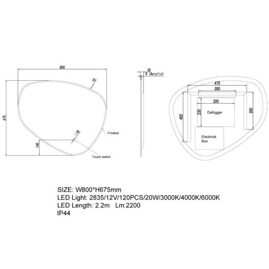 800*675mm 3 Color Lighting Asymmetrical Acrylic LED Mirror Touch Sensor Switch