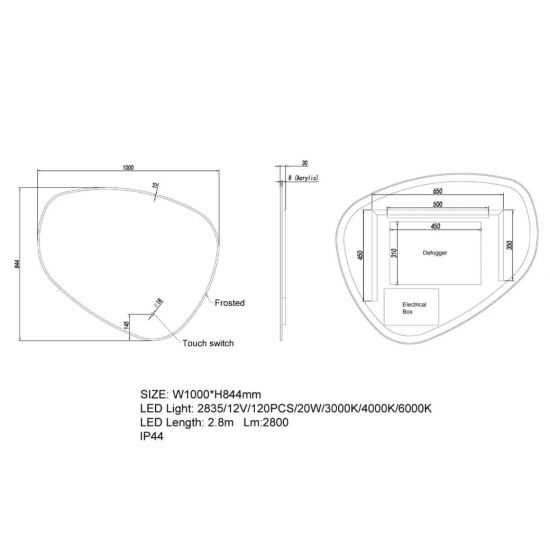 1000*844mm 3 Color Lighting Asymmetrical Acrylic LED Mirror Touch Sensor Switch