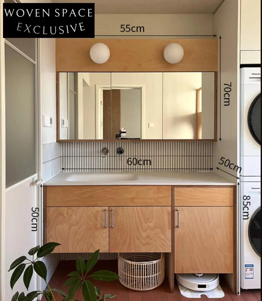 Atticus Oak Bathroom Cabinet with Robot Cleaner Space 60CM ordinary mirror cabinet [ceramic integrated basin] oak paint