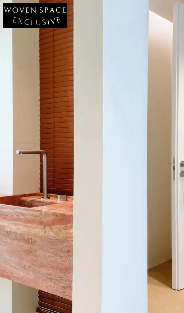 Avery Red Travertine Hanging Bathroom Cabinet with Integrated Basin