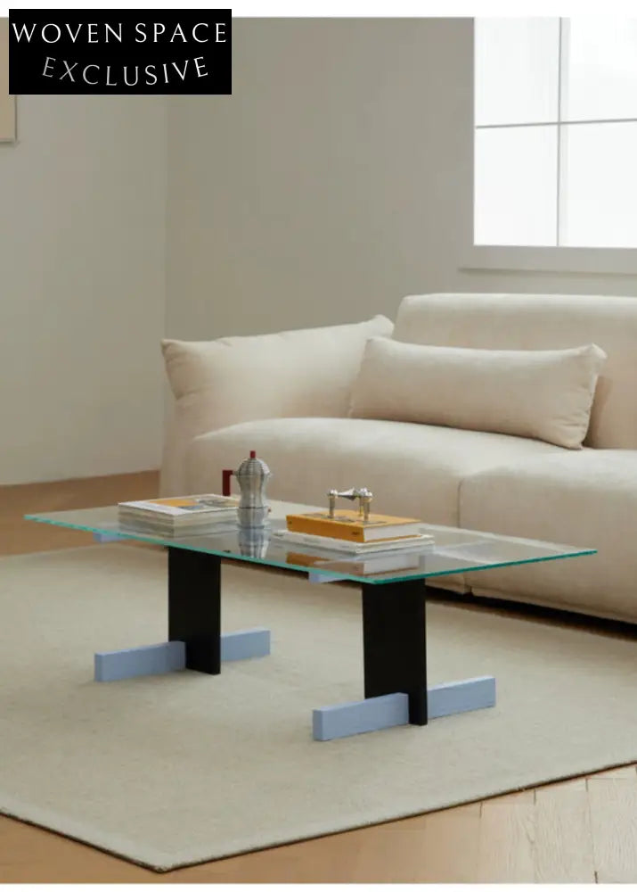 Blue Black Solid Wood Transparent Glass Surface Coffee Table