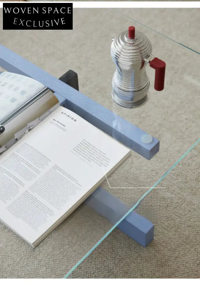 Blue Black Solid Wood Transparent Glass Surface Coffee Table