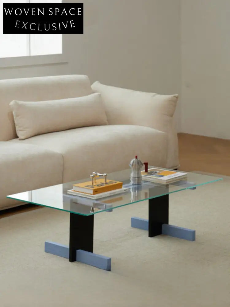 Blue Black Solid Wood Transparent Glass Surface Coffee Table