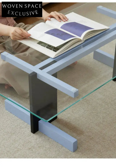 Blue Black Solid Wood Transparent Glass Surface Coffee Table