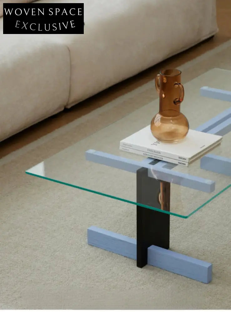 Blue Black Solid Wood Transparent Glass Surface Coffee Table