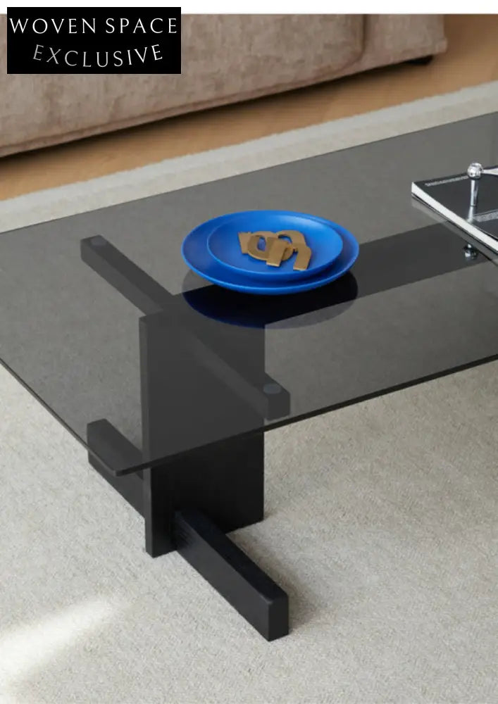 Blue Black Solid Wood Transparent Glass Surface Coffee Table