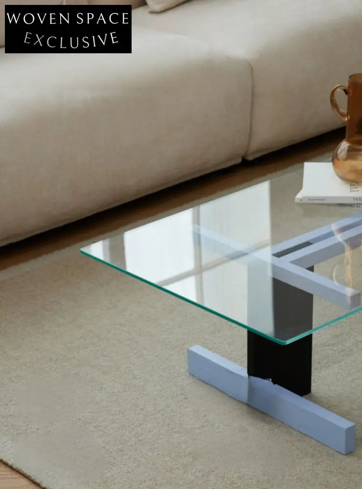 Blue Black Solid Wood Transparent Glass Surface Coffee Table