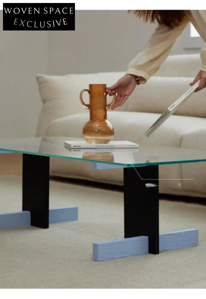 Blue Black Solid Wood Transparent Glass Surface Coffee Table
