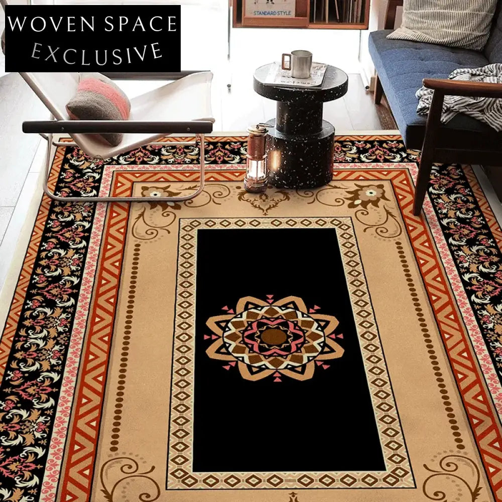 Bohemian Ethnic Style Living Room Accent Rug - Vintage Folk Pattern Carpet