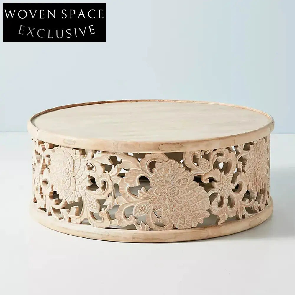 Bohemian Hand-Carved Solid Pine Wood Round Coffee Table for Living Room