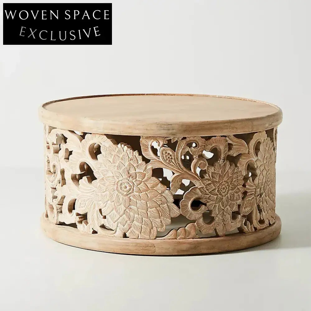 Bohemian Hand-Carved Solid Pine Wood Round Coffee Table for Living Room