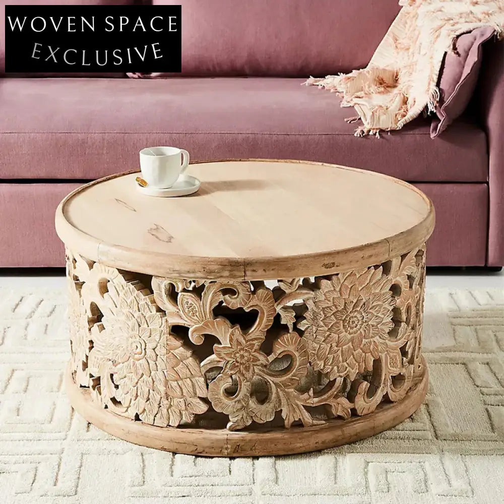 Bohemian Hand-Carved Solid Pine Wood Round Coffee Table for Living Room