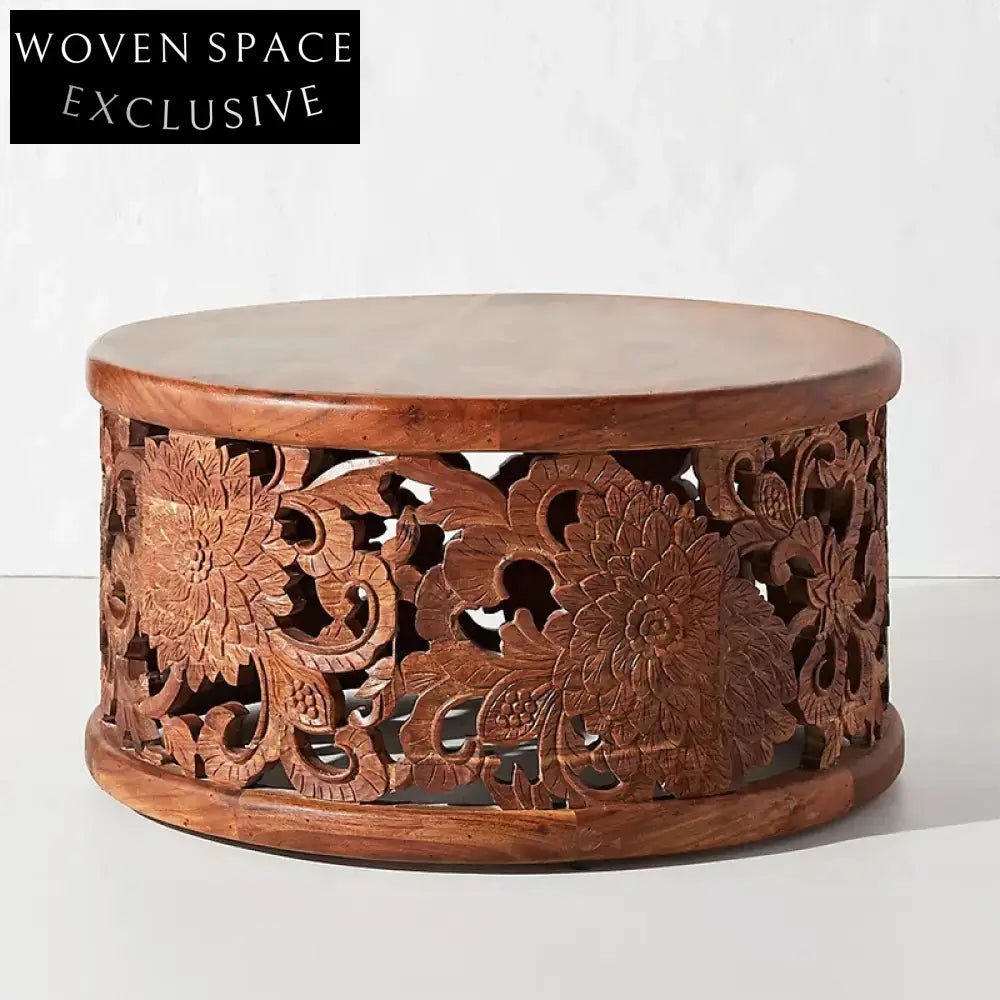 Bohemian Hand-Carved Solid Pine Wood Round Coffee Table for Living Room