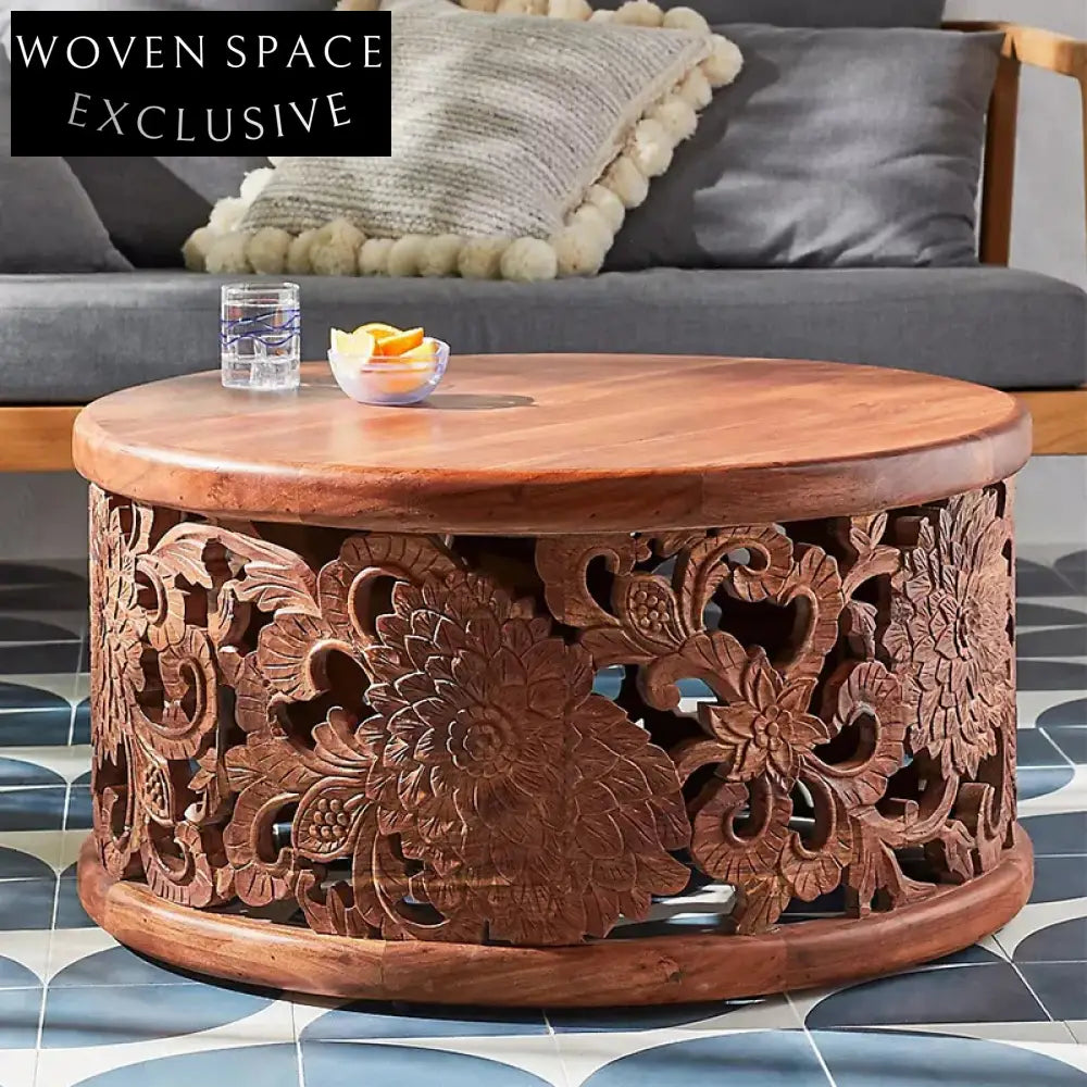 Bohemian Hand-Carved Solid Pine Wood Round Coffee Table for Living Room