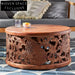 Bohemian Hand-Carved Solid Pine Wood Round Coffee Table for Living Room