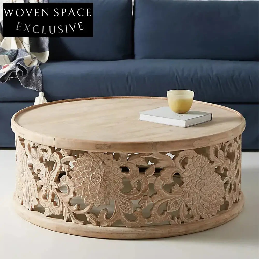 Bohemian Hand-Carved Solid Pine Wood Round Coffee Table for Living Room