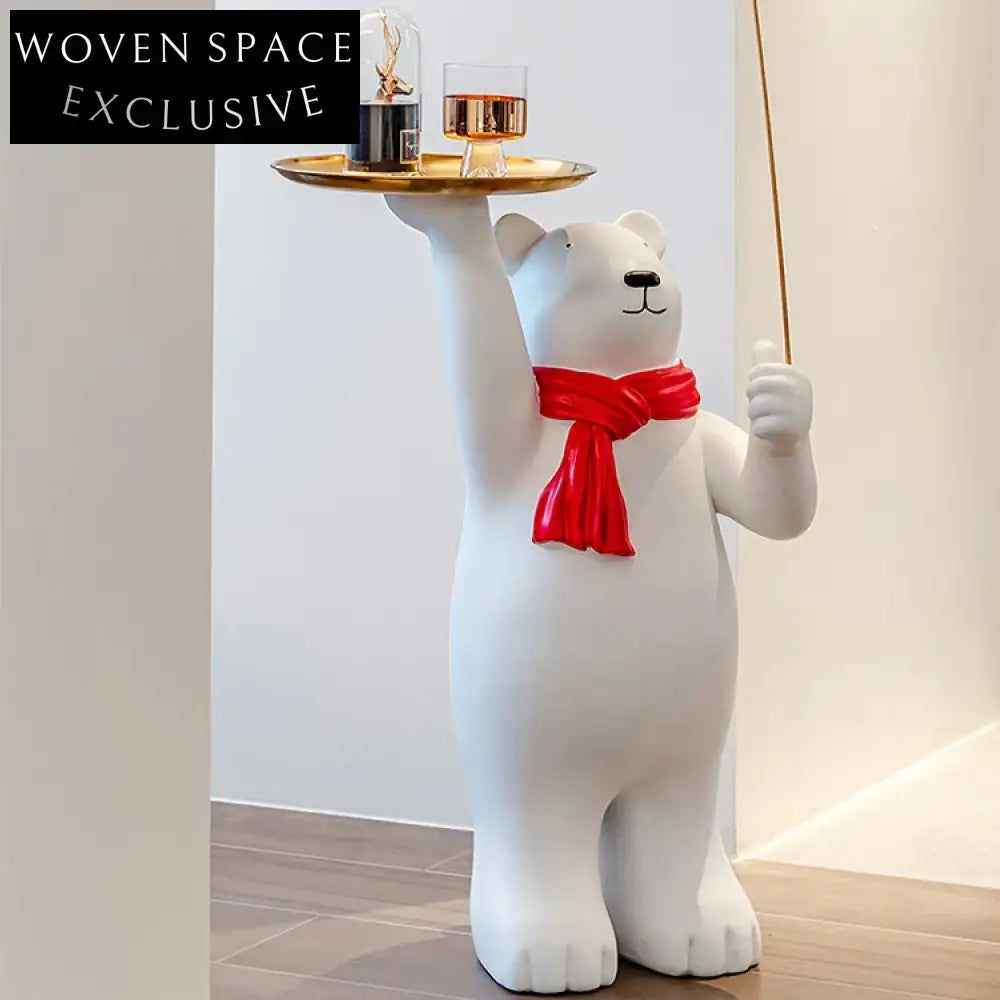 Charming Nordic Bear Statue Floor Ornament with Integrated Tray Resin Home Decor