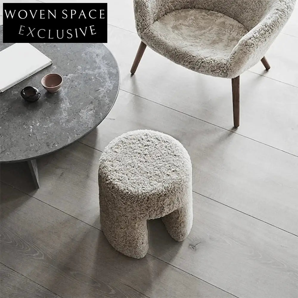 Charming Nordic Lamb Wool Boucle Ottoman, Soft Sponge Living Room Stool