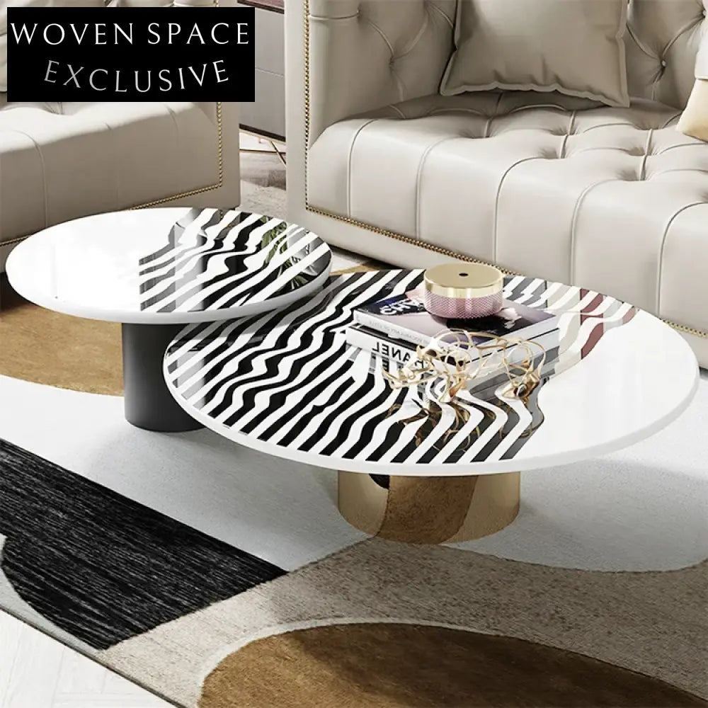Chic Black White Round Marble Coffee Table Set with Stainless Steel Base
