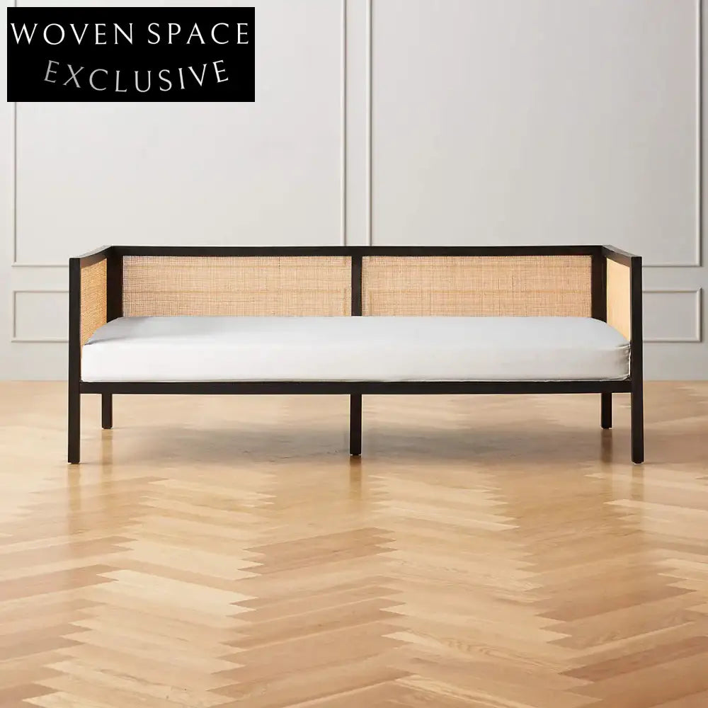 Chic Boho Black Natural Rattan Cane Back Daybed Sofa with Cushion Cover