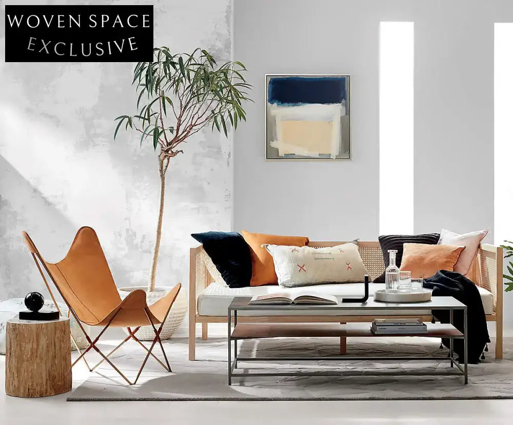 Chic Boho Black Natural Rattan Cane Back Daybed Sofa with Cushion Cover