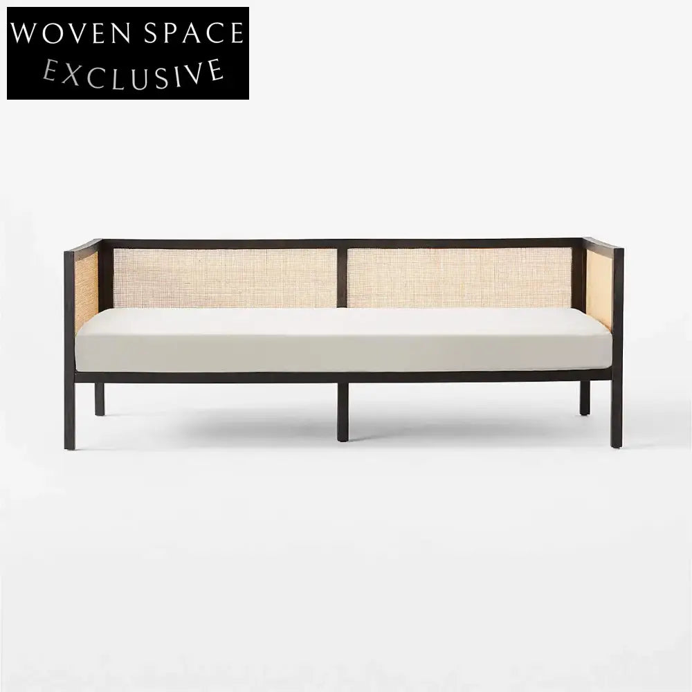 Chic Boho Black Natural Rattan Cane Back Daybed Sofa with Cushion Cover