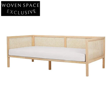 Chic Boho Black Natural Rattan Cane Back Daybed Sofa with Cushion Cover