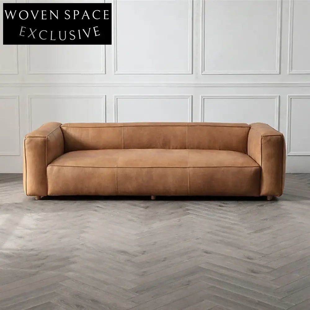 Chic Camel Leather Art Sofa, Modern Industrial Style Living Room Couch