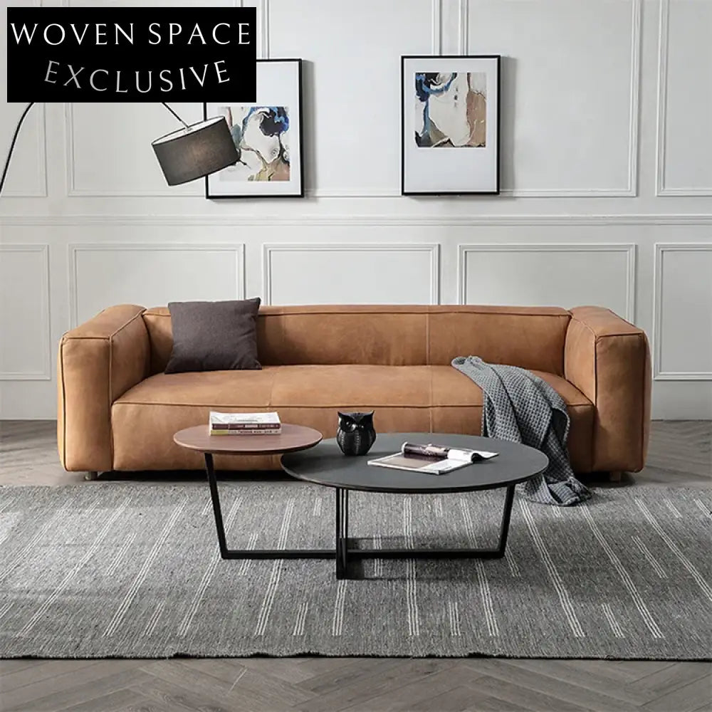 Chic Camel Leather Art Sofa, Modern Industrial Style Living Room Couch