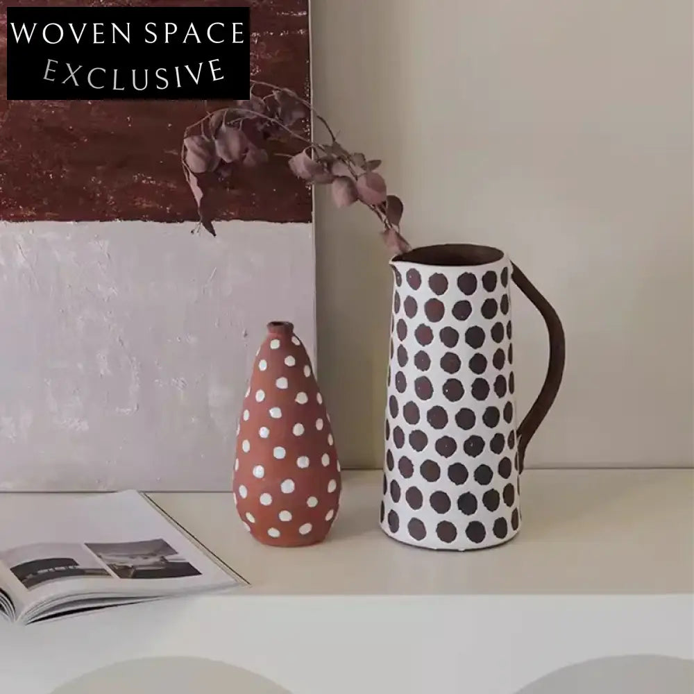 Chic French Country Black Spotted Clay Kettle Vase with Handle for Decor