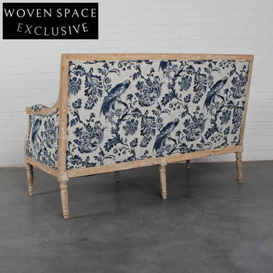 Chic French Solid Oak 2-Seat Upholstered Linen Sofa for Events & Home