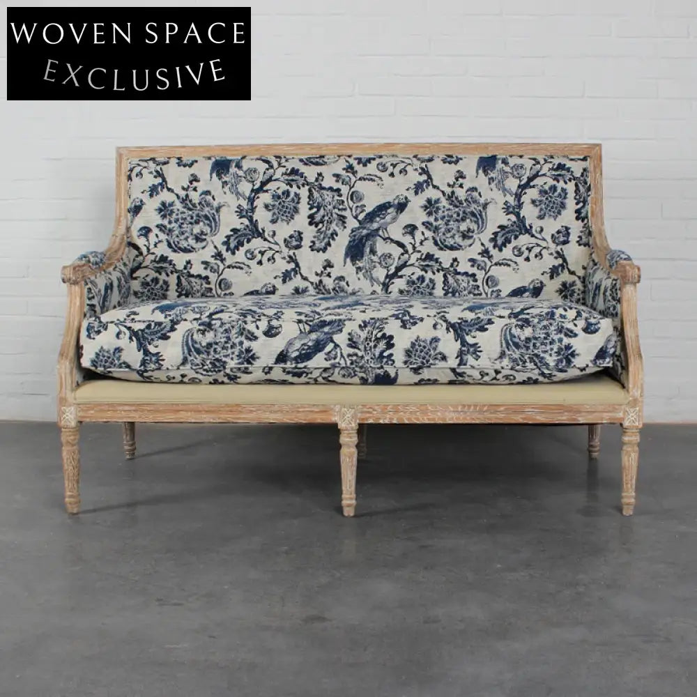 Chic French Solid Oak 2-Seat Upholstered Linen Sofa for Events & Home