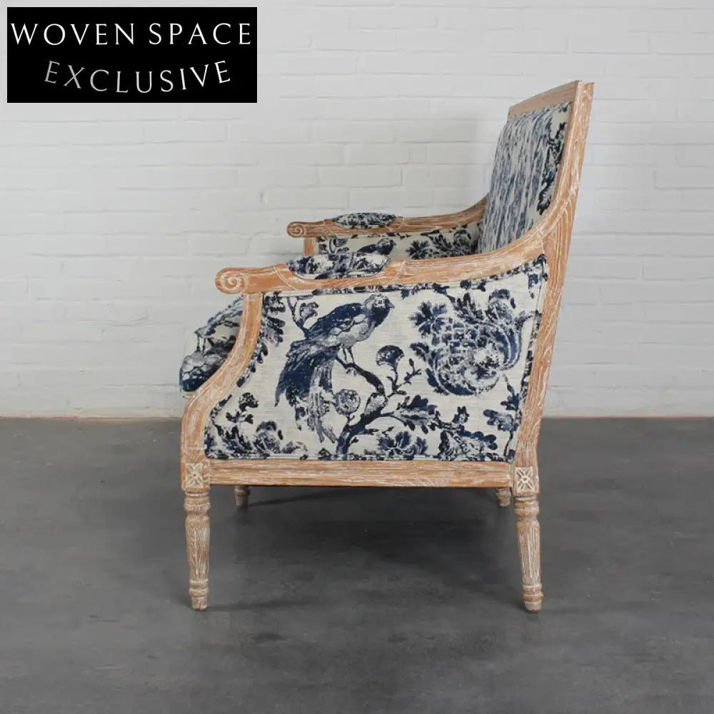 Chic French Solid Oak 2-Seat Upholstered Linen Sofa for Events & Home