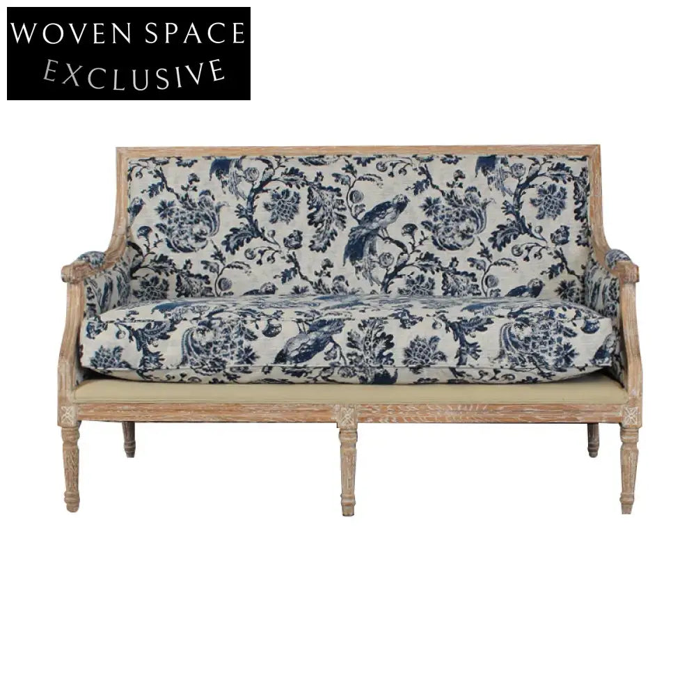 Chic French Solid Oak 2-Seat Upholstered Linen Sofa for Events & Home