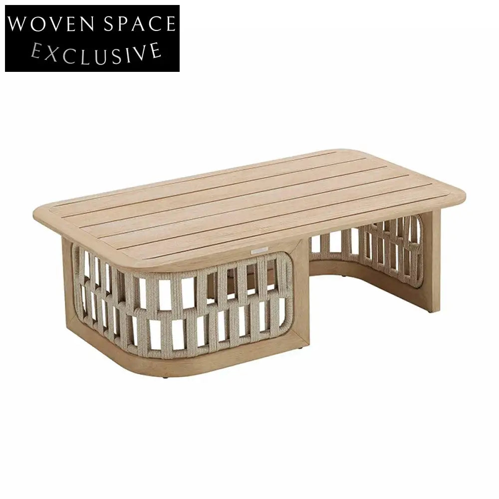 Chic French Style Teak Wood Rattan Rectangle Coffee Side Table for Balcony