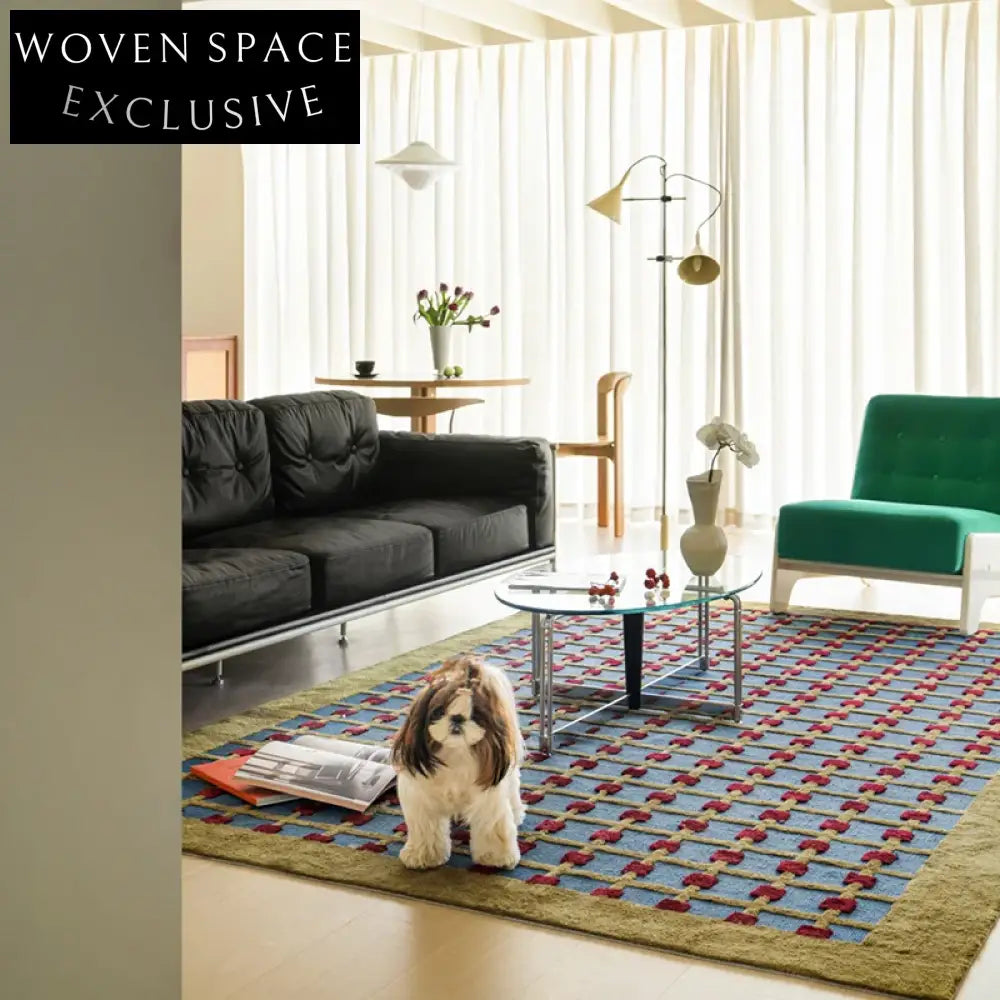 Chic French Vintage Green Plaid Living Room Sofa Custom Floor Rug