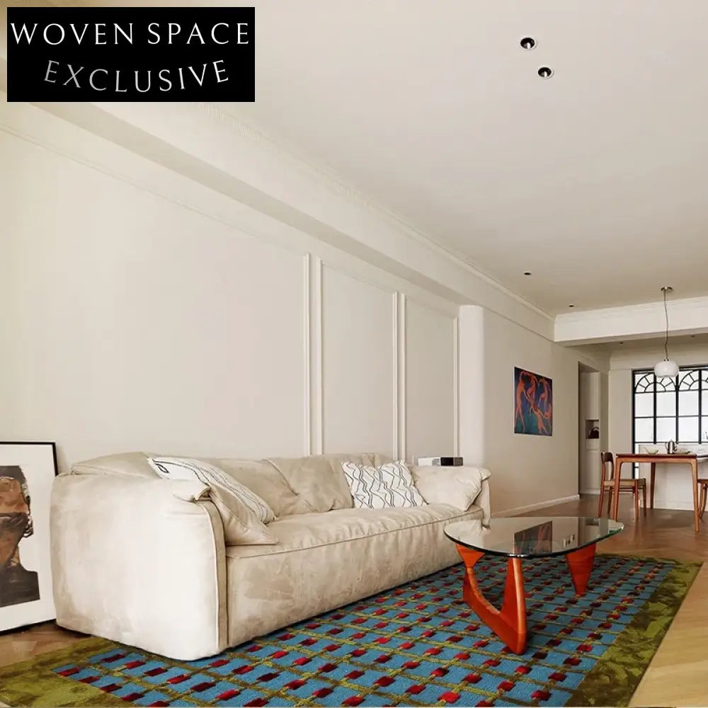 Chic French Vintage Green Plaid Living Room Sofa Custom Floor Rug