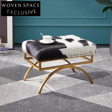 Chic Genuine Cowhide Upholstered Modern Living Room Ottoman Bench