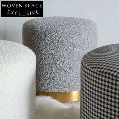 Chic Lamb Wool Round Ottoman with Gold Metal Base for Elegant Interiors