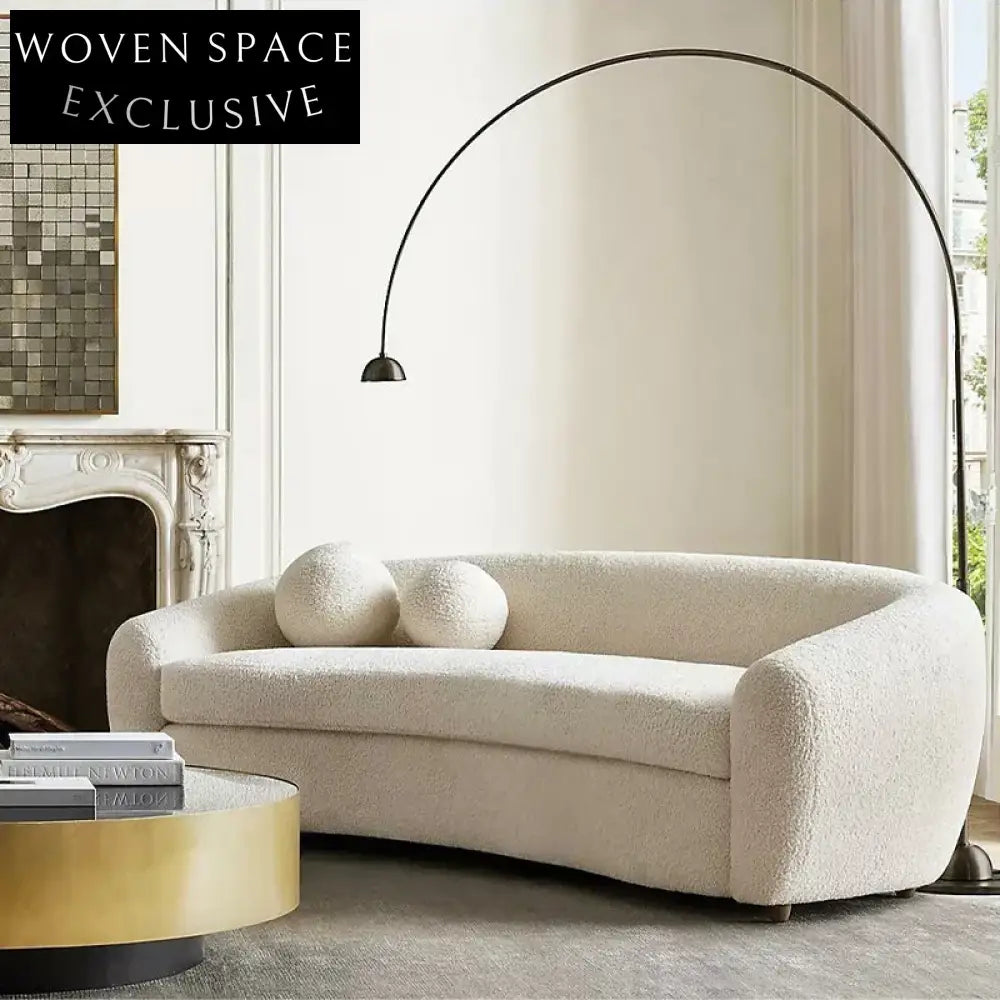 Chic Minimalist Curved Fabric Sofa Couch, Solid Wood Legs, Modern Living Room Design