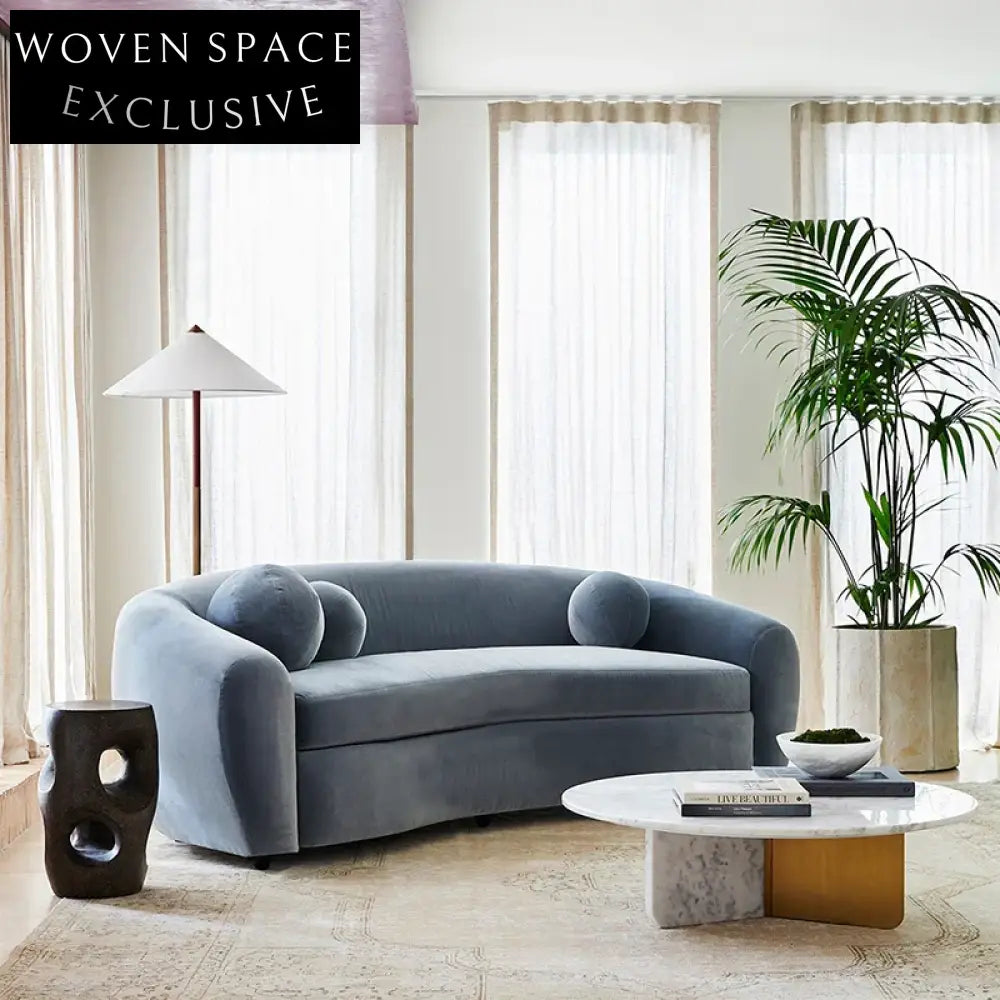 Chic Minimalist Curved Fabric Sofa Couch, Solid Wood Legs, Modern Living Room Design