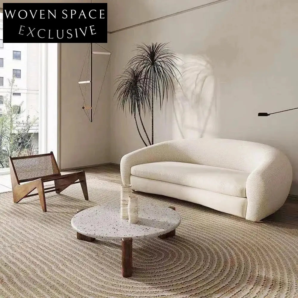 Chic Minimalist Curved Fabric Sofa Couch, Solid Wood Legs, Modern Living Room Design