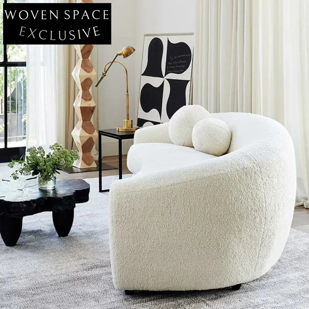 Chic Minimalist Curved Fabric Sofa Couch, Solid Wood Legs, Modern Living Room Design