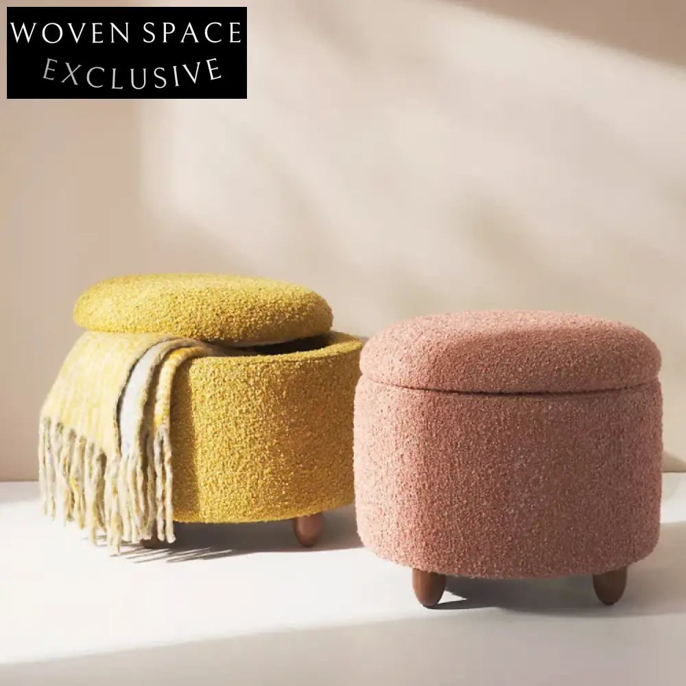 Chic Modern Fabric Upholstered Round Ottoman, Wood Frame Storage Footstool