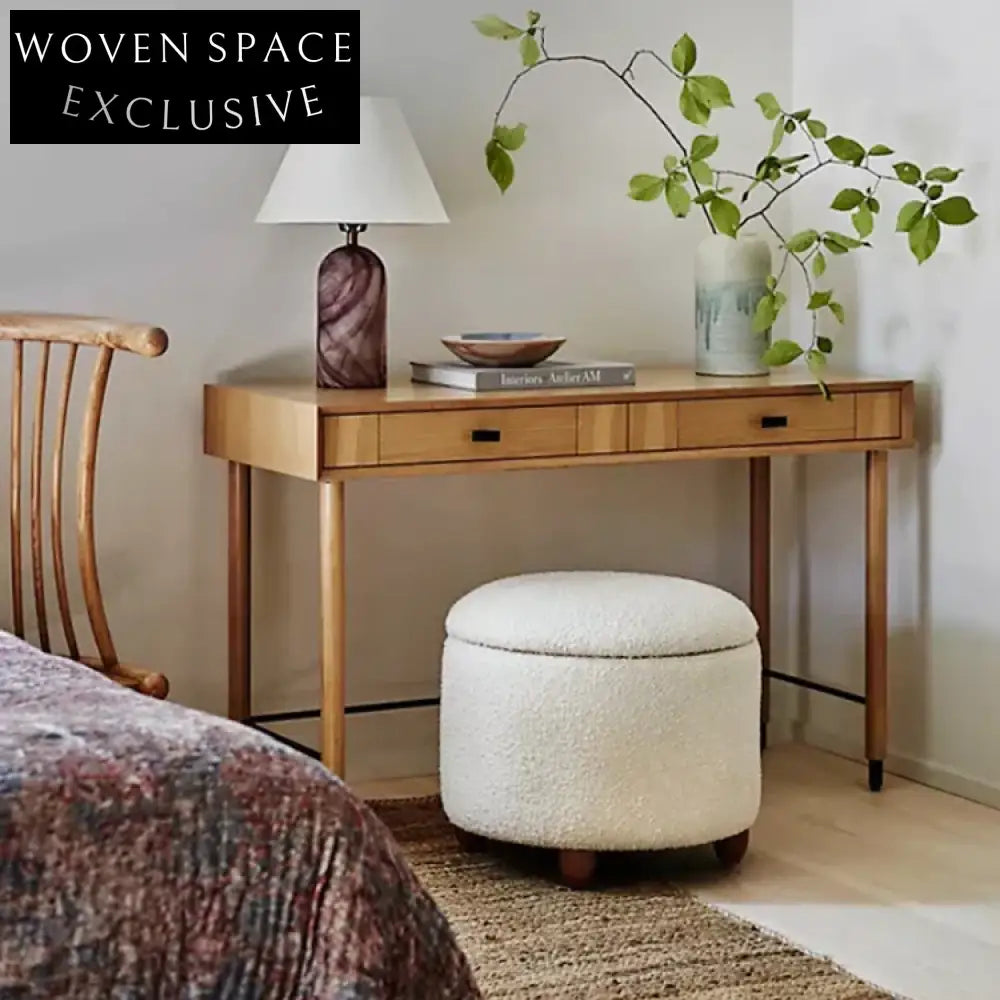 Chic Modern Fabric Upholstered Round Ottoman, Wood Frame Storage Footstool