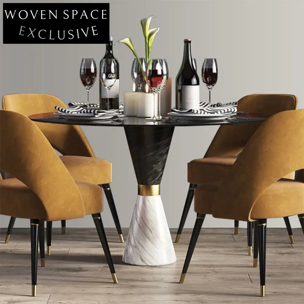 Chic Modern Round Black Marble Dining Table with Glass Top